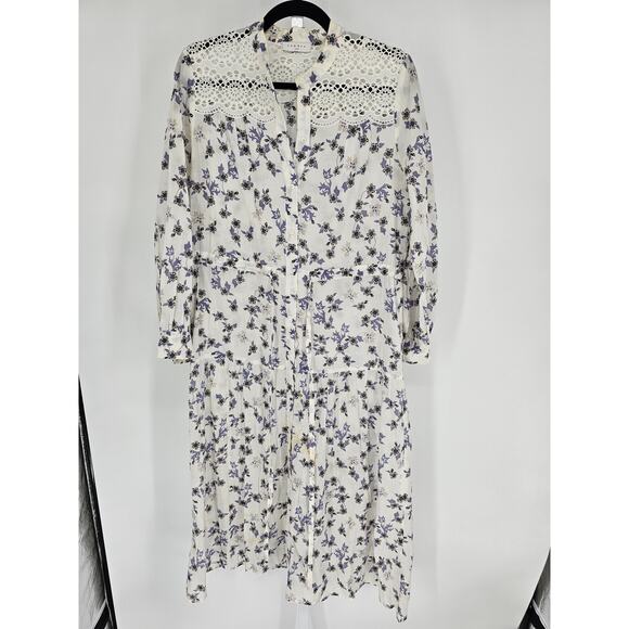 Sandro Paris Womens Sz XL Floral Print Broderie Detail Midi Dress *STAIN* - Picture 1 of 5
